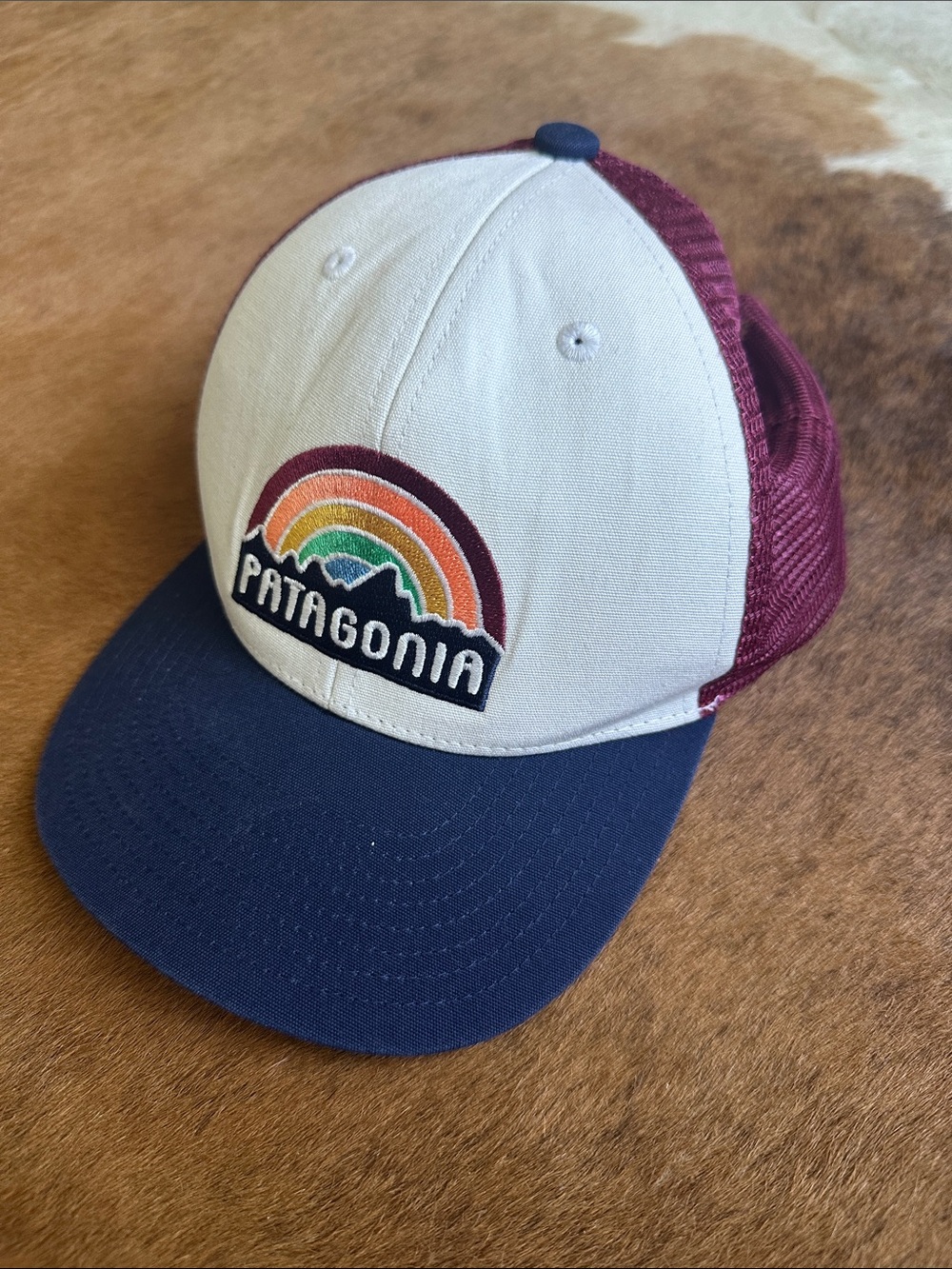 Patagonia Trucker Hat in White, Navy & Burgundy with Rainbow Patch